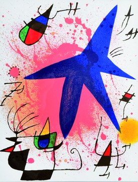Joan Miró, Lithographie mit blauem Stern auf rosa Grund