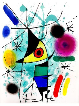 Joan Miró, Lithographie mit Figur auf türkisem Grund