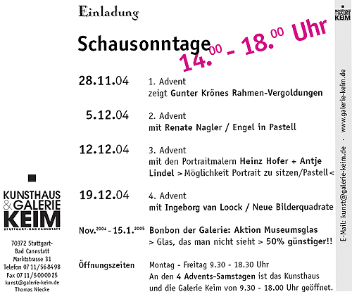 Einladung - Schausonntage bei Galerie & Kunsthaus Keim Stuttgart