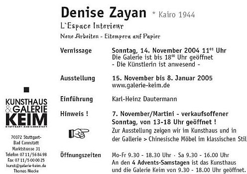 Einladung zur Ausstellung Denise Zayan bei der Galerie Keim Stuttgart