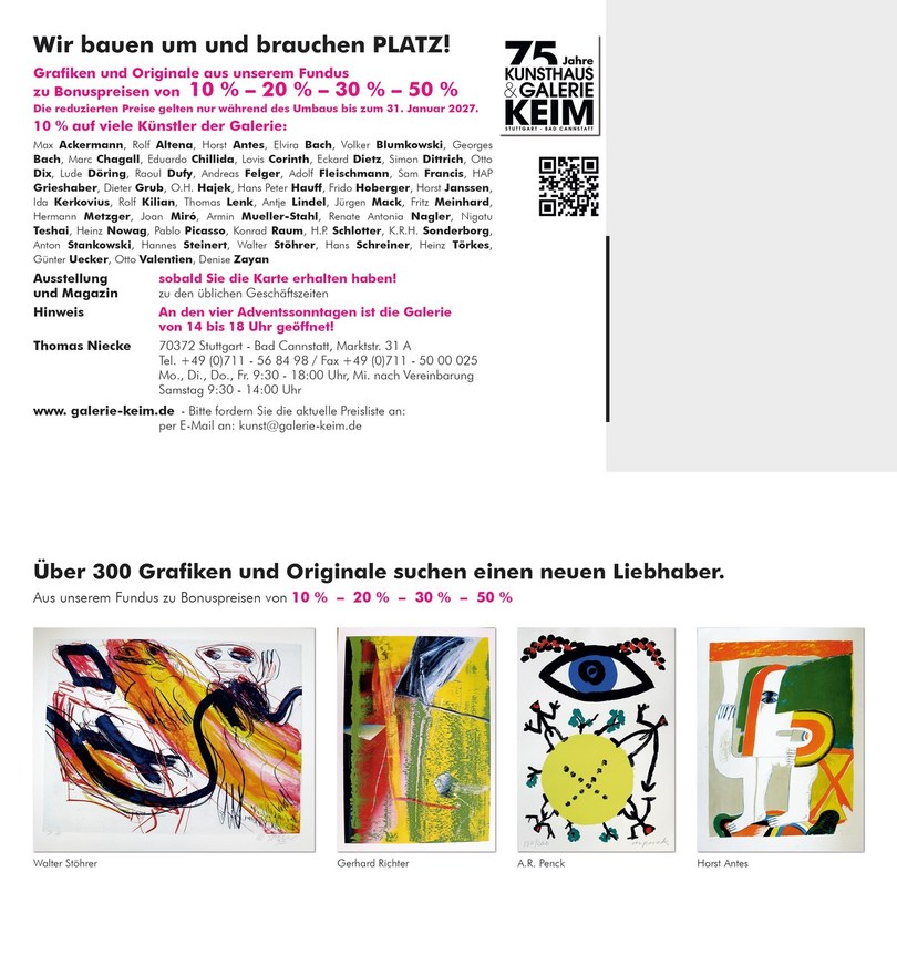 Wir bauen um und brauchen PLATZ – Grafiken und Originale zu Bonuspreisen von 10 bis 50 Prozent, Galerie KEIM